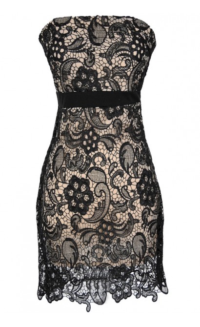 Make A Wish Crochet Lace Strapless Dress in Black/Nude
